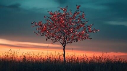 Obraz premium A solitary tree with glowing red blossoms against a twilight sky and tall grass.