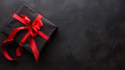 A captivating business gift holiday picture set against a black background. There are beautifully wrapped gifts with shiny ribbons and bows. Some gifts might be in boxes, while others are in bags