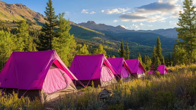 Camping Site with Pink Tents Set Up for a Breast Cancer Awareness Event in a Beautiful Natural Setting