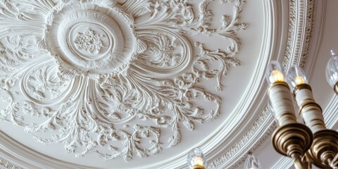Naklejka premium Ornate white ceiling with chandelier and lights.
