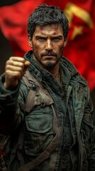 Obraz premium Determined man with a weathered look, raising his fist in front of a red flag