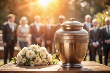 Bronze Funeral Urn with White Flowers at Outdoor Memorial Service in Warm Sunlight