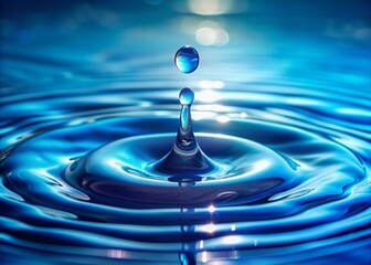 Vibrant blurred blue water surface with gentle ripples and splashing bubbles, featuring a single droplet suspended in mid-air, creating a serene abstract background.