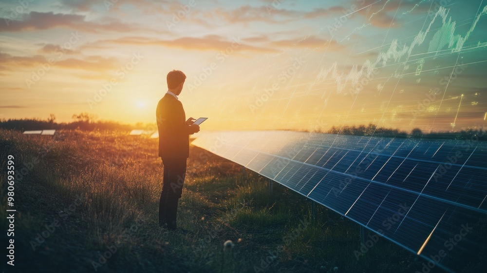 Canvas Prints A businessman analyzes data while standing near solar panels at sunset.