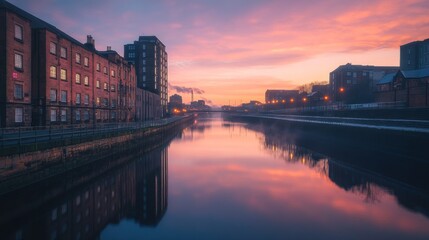 Fototapeta premium Serene sunset over a river reflecting buildings and colorful sky.