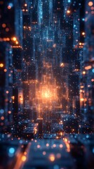 Futuristic, glowing, and intricate digital or virtual maze made of interconnected lines, dots, and neon lights