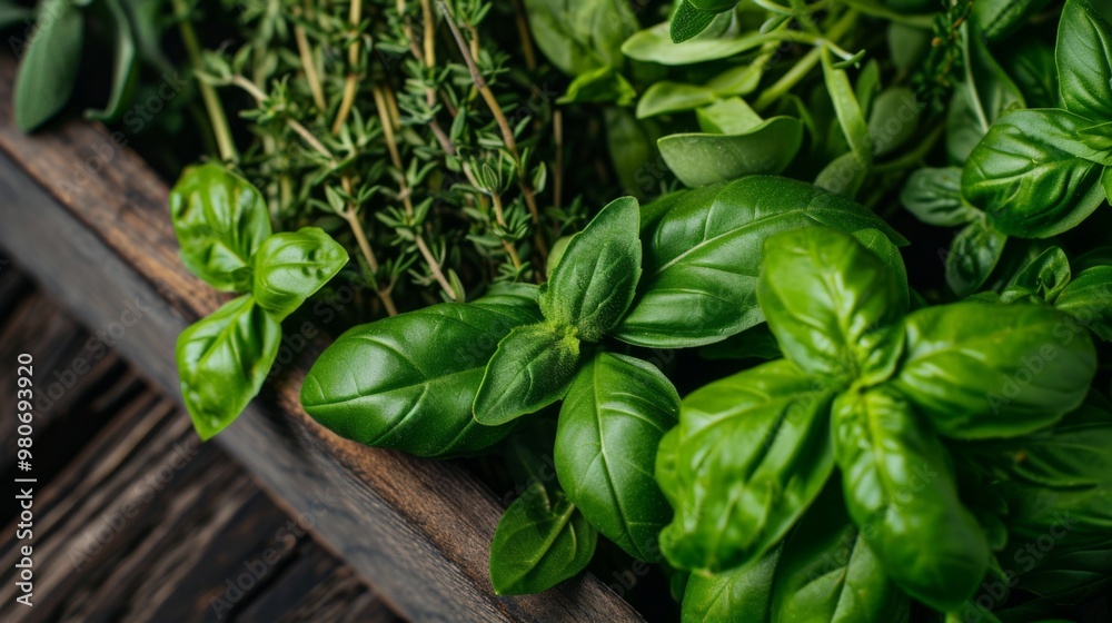 Wall mural fresh green basil and thyme leaves - culinary herbs