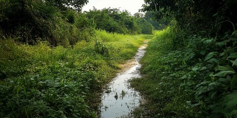 Obraz premium A narrow path through lush green vegetation with a small