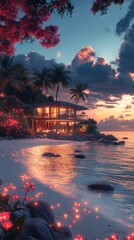 Serene beachfront scene at dusk, with a luxurious house, palm trees, flowers, and glowing lights reflecting on the water