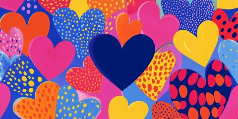 Colorful polka-dotted hearts on blue background.