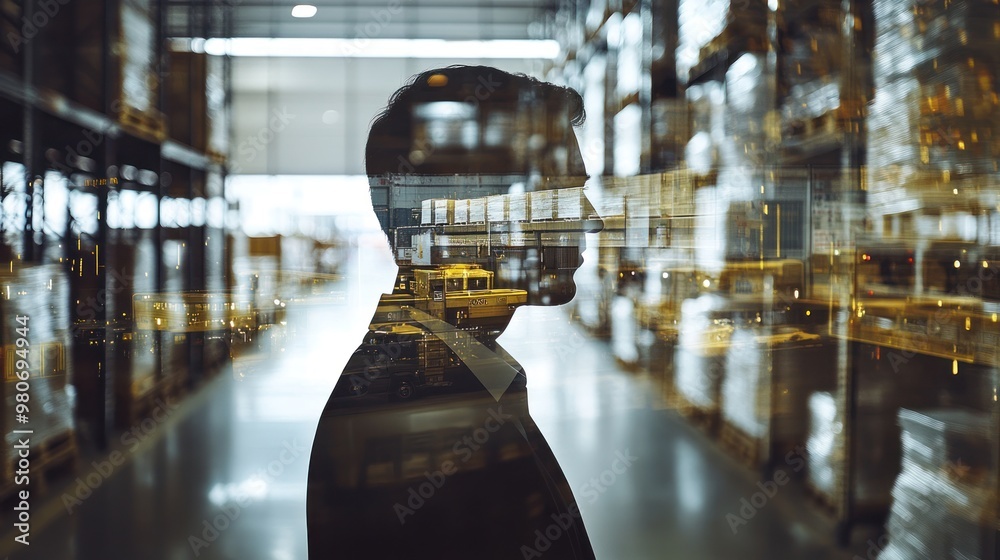 Wall mural A silhouette of a person overlaid on a warehouse environment, symbolizing industry and introspection.