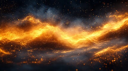 Fototapeta premium Showcases a mesmerizing cosmic scene with glowing orange and yellow nebulae against a dark, star-speckled background