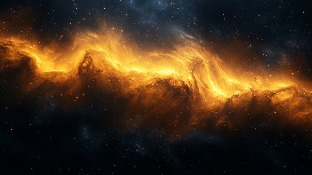Vibrant, golden cosmic nebula with bright, fiery edges set against a backdrop of dark space and stars