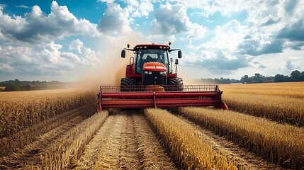 Obraz premium A red tractor harvests wheat in a field.