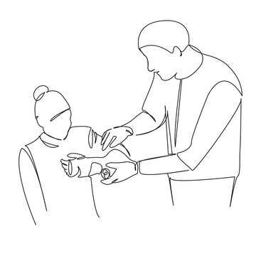 doctor bandaging patient arm, line art clip art preview
