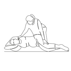 One continuous single drawing line art flat doodle exercises, horizontal, osteopath, women, doctor, instructor, pregnant, adult. Isolated image hand draw contour on a white background
