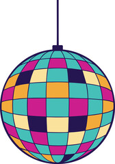 Retro 70s and 80s Inspired Design Featuring Colorful Disco Ball for Nightclub Backdrop, Discotheque Party, Dance Club Sticker. Vintage Graphic Icon for Retro Badges, TV Logos, Electronic Music Themes
