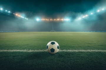 Fototapeta premium Soccer ball on the field of a stadium with lights, a background