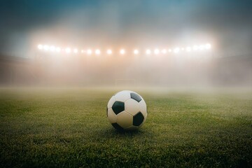 Soccer ball on the field of a stadium with lights, a background