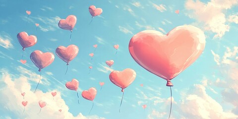 Heart-shaped balloons floating in a blue sky.