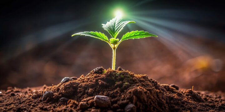 A tiny germinated cannabis seedling emerges from the soil, its delicate white roots and green stem reaching for light in a dark brown earthy background.