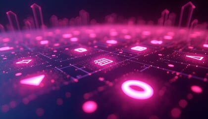 Colorful glowing symbols create a dynamic abstract composition in a futuristic setting