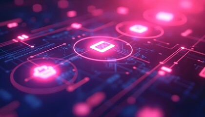 An abstract illustration showcasing digital circuits and glowing icons representing technology