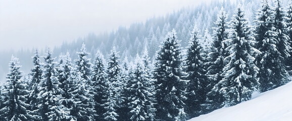 Majestic snow-covered pine forest in misty winter landscape