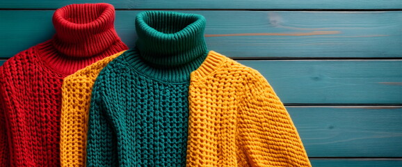 Colorful knitted turtleneck sweaters on teal wooden background. Cozy autumn winter fashion essentials for cold weather. Warm chunky knitwear in trendy seasonal colors