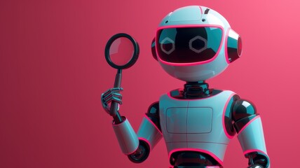 A futuristic robot holds a magnifying glass, symbolizing digital search and exploration on a pink background.