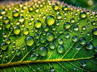Macro shot of a solitary vibrant green leaf glistens with dewy droplets, showcasing the intricate textures and radiant colors of nature's intricate beauty.