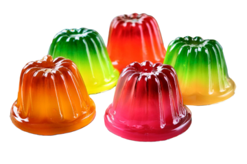 Colorful, wiggly Jello desserts in creative shapes on transparent background