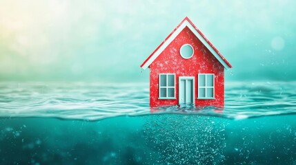 A striking image of a red house submerged in water, symbolizing flood, climate change, and environmental challenges.