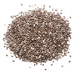 Heap of chia seeds isolated on white background. Top view.