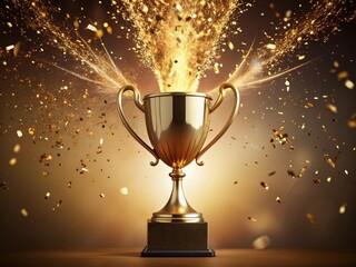 'flying beige background colored splash light a cup golden confetti. backdrop it top confetti trophy gold success sport award victory achievement shiny first ceremony metal celebration winne'