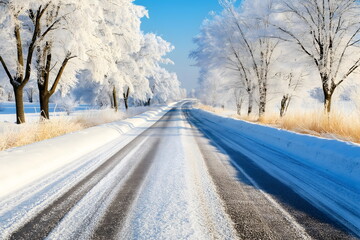 Obraz premium Snowy country road with frost-covered trees