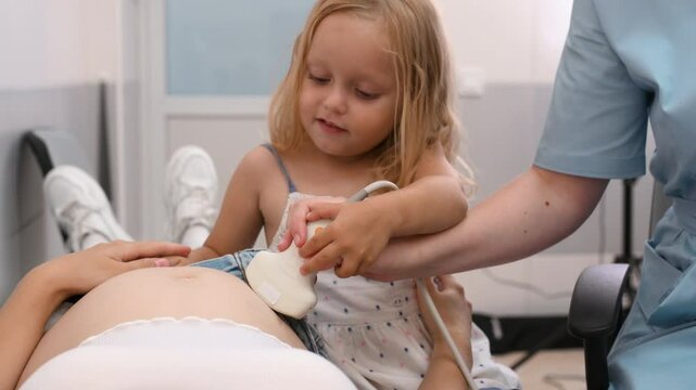 Happy doctor pregnant mother's ultrasound visit, sharing excitement with daughter who eagerly awaits arrival of baby in clinic. heartwarming portrayal of family bonds and anticipation of new life