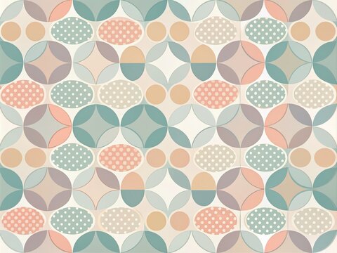 Stylish seamless geometric background featuring retro-inspired Scandinavian modern cover pattern with simple circles in soft pastel colors forming an abstract mosaic design.
