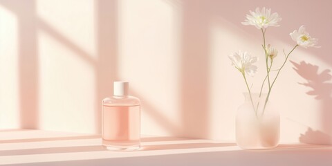 Fototapeta premium Mockup of transparent glass perfume bottle on soft pink background flooded with sunlight from the window and next to vase with color. Pastel colors, calm atmosphere and space for text. 