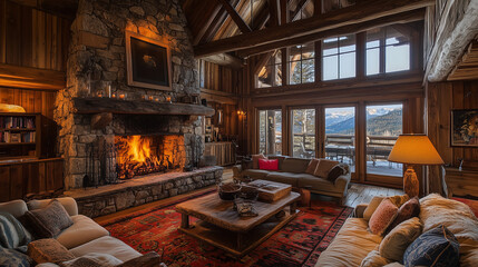 Rustic interiors with wood-paneled walls, stone fireplaces, and cozy textiles, creating a warm and inviting mountain cabin atmosphere.  Canadian Cabin Retreat interior design 