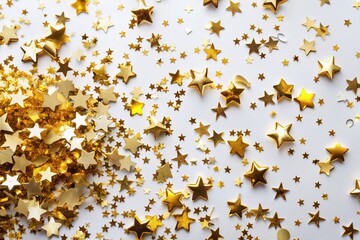 Vibrant gold confetti papers scattered randomly on a crisp white background, creating a festive and celebratory atmosphere, perfect for birthday or anniversary decorations.