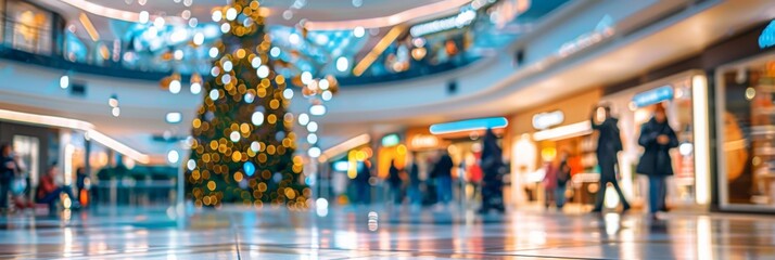 Obraz premium The festive shopping mall is beautifully decorated with ornaments and a grand Christmas tree, setting a cheerful atmosphere ideal for holiday shopping in a lively and vibrant setting