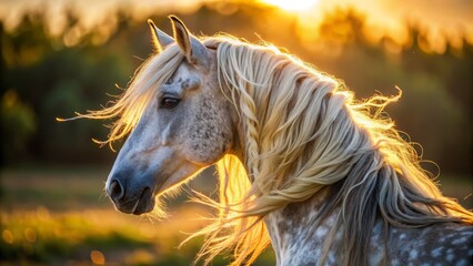 Softly illuminated, the dapple horse's neck and mane refract sunlight, casting a warm glow on the blurry landscape
