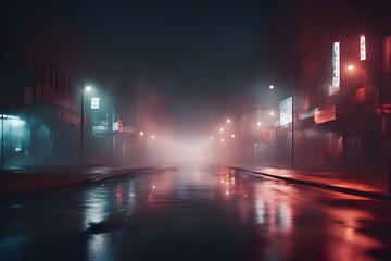 Moody urban street at night with colorful reflections