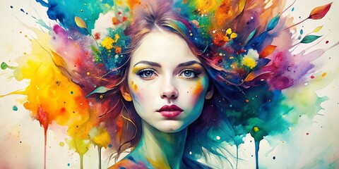 Vibrant abstract watercolor painting with colorful splashes and swirls forms a stunning backdrop for a beautiful young woman's portrait, set against a crisp white background.