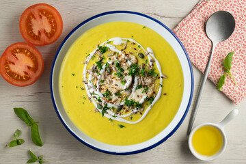 Vegan and healthy vegetable soup. Top view table with  decoration.