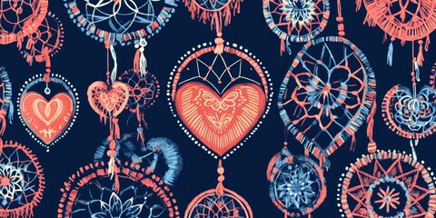 Dreamcatchers and hearts in coral and blue on a dark