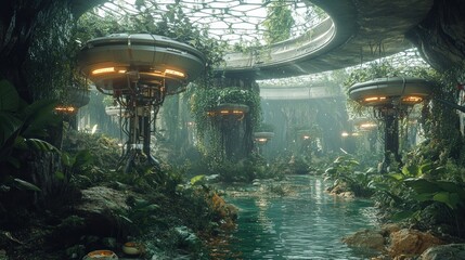 A futuristic indoor ecosystem with lush vegetation and water features.