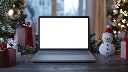 There is an open laptop on the table, several Christmas presents and a toy snowman, and Christmas trees in the background. Laptop mockup in a New Year's atmosphere