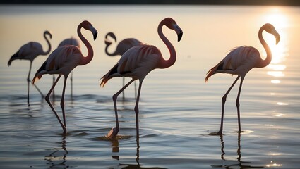 Obraz premium A flock of flamingos are fishing in the river at sunset.